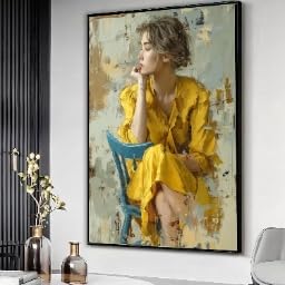 Femme pensive en robe jaune portrait abstrait déco murale 40x60