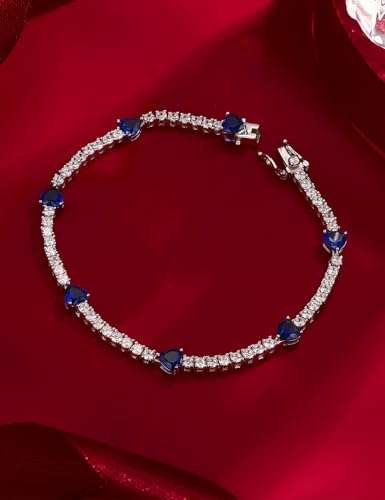 Sterling Silver Tennis Bracelet Birthstone Jewelry for Women Heart Gemstone Charm Link Anniversary Birthday Jewelry Gifts for Mom Her Women, 7 inches3