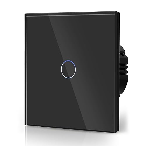 BSEED Touch Lichtschalter aus Glas, Modern Schalter Unterputz, Wandschalter mit LED Hinterlicht (Kein Neutralleiter erforderlich), KEIN WLAN, 86mm 1 Fach 1 Weg Schwarz