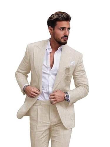 Linen Suits for Men 2 Piece Slim Fit Beach Wedding Suit Business Casual Lightweight Tuxedo Blazer Pants Set