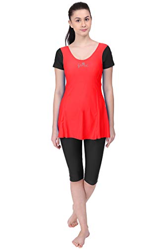 Image of Originals Swimming Costume for Women's One-Piece Beach Wear with Sleeve & Skirted 3 /4 Leggings Maximum Covered Swim Wear Dress (L - 7XL)