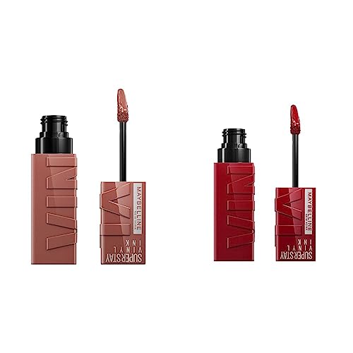 MAYBELLINE Super Stay Vinyl Ink Longwear No-Budge Liquid Lipcolor Makeup Bundle with Cranberry Red 0.14 fl oz and Nude 0.14 fl oz