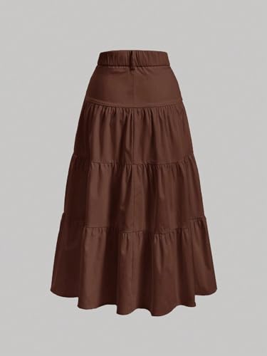 Women's Summer Solid Color High Waist Ruffle Hem Skirt Long Skirt2