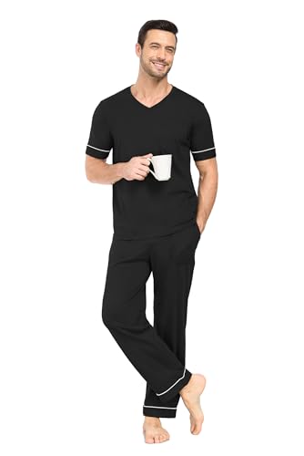 EA'S SECRET Mens Pajamas Set Short Sleeve Sleepwear 100% Cotton Nightwear Soft Comfy Pjs Sleep Set With Pocket3