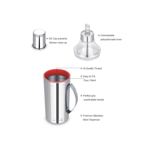 Image of RUSH KITCHENWARE 1-Litres Easy Flow Stainless Steel Oil Dispenser Bottle with Lid and Cap | Air-Tight Spill-Proof | Food Grade Oil Pourer, Silver, 1000ml