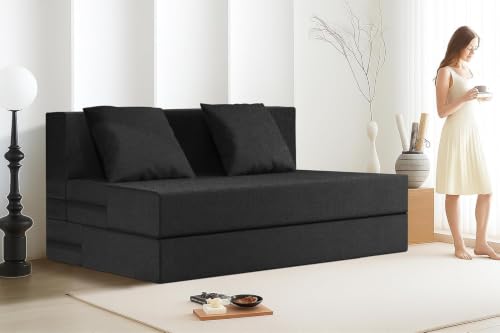 Image of Rosebell Lightweight Foldable 2-Person Sofa Cum Bed Jute Fabric- Washable Cover- Including Cushion - Size 4' X 6' Ft (Black) Perfect for Home & Office