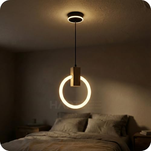 Image of Lunaris Pearl Pro LED Pendant Light | Modern Ring Chandelier Hanging Ceiling Lamp with Wooden Accent for Bedroom, Living Room, Dining Room, Cafe & Office | 3000K Warm White Lighting (1 Pack)