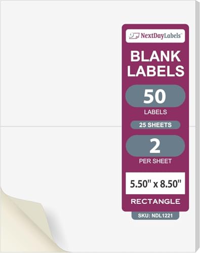 NextDayLabels 8.5x5.5 Half Sheet Stickers White Blank Labels for Laser Inkjet Printer - 2 Per Page Self-Adhesive Shipping Packaging Product Made in USA - 50 Labels