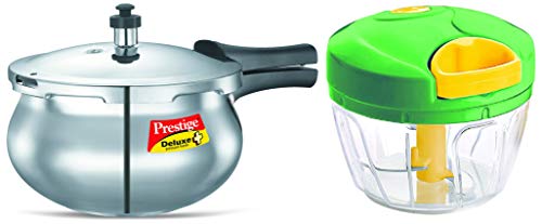 Image of Prestige Deluxe Plus Baby Induction Base Aluminium Pressure Handi, 2 Litres, Silver+Prestige 3.0 Plastic Veggie Cutter (Green, 350 ml)