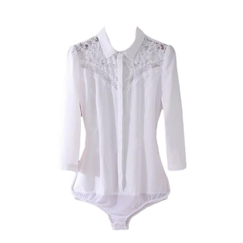 Women's Black Lace Patch Bodysuit, Three-Quarter Sleeves Solid Color Work Jumpsuit White S