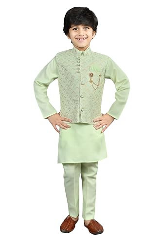 Image of AHHAAAA Kids Ethnic Cotton Blend Waistcoat Kurta and Pyjama Set for Boys