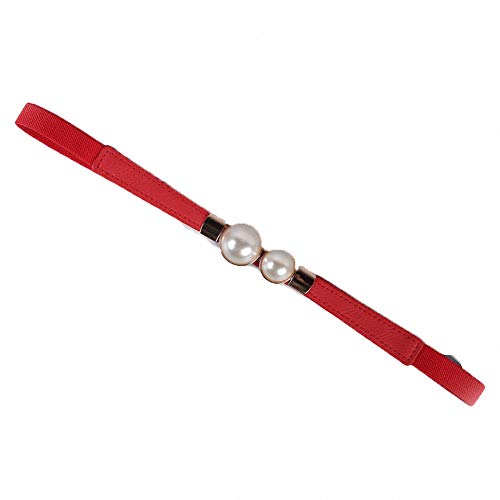 Women Skinny Elastic Waist Belt,Pearl Interlocking Buckle Thin Waistband for Ladies Dress Decorative Belts