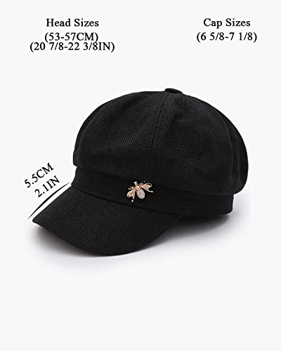 Brim Beret Cap For Women, Plain Beret Cap With Bee Badge, Stretch Beret Cap For All Seasons, Painters Hat With Flaps (Black) #TOP1