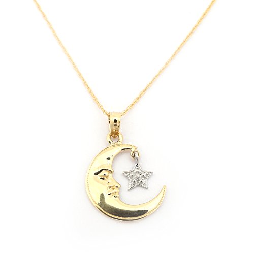 Beauniq 14K Yellow Gold Crescent Moon With White Gold Star Pendant Necklace - Pendant Only #TOP10