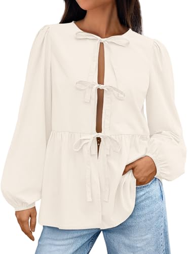 AUTOMET Women Tie Front Peplum Tops 2024 Fall Trendy Outfits Going Out Y2K Long Puff Sleeve Bow Babydoll Tunic Top Cute Cotton Shirts Casual Blouse Fashion Clothes Cream, Medium, Apricot