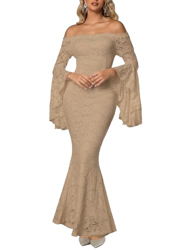 Image of HOYISHION Women's Off The Shoulder Floral Lace Maxi Dress White Bridesmaid Wedding Party Maternity Photoshoot Long Dresses