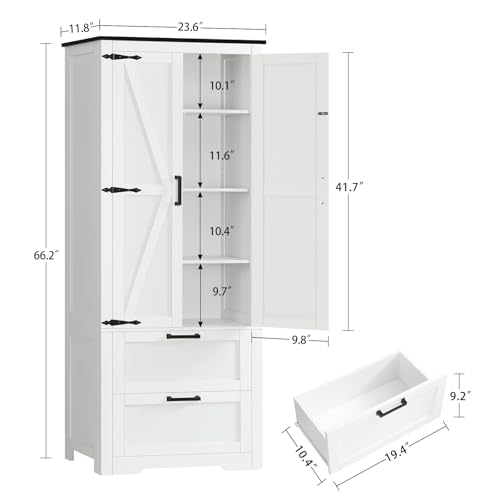 Image of TEENFON 66.1 inch H Storage Cabinet with 2 Drawers, Farmhouse Kitchen Pantry Cabinet with 2 Doors & Adjustable Shelf, Bathroom Cabinet, for Living Room, Kitchen, Bathroom, White
