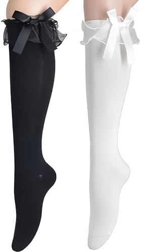 2 Pairs Women Girls Cotton Knee High Socks, Lace White Ruffle Socks, Calf Socks Bow Style, School Uniform Party Wear