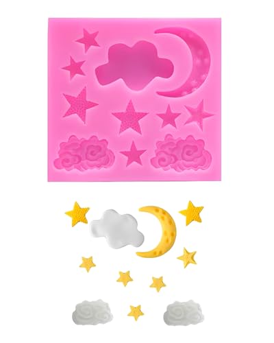HUVZOR 1 pieza Moldes de Silicona, 3D Luna y Estrellas, Moldes Decoración para Tartas, Moldes para Fondant, Chocolate, Galletas, Repostería - Fiesta Temática(rosa)