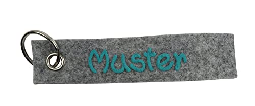 Generisch Llavero para cuarto de lavado de fieltro – Cinta de fieltro con nombre o frase – Colgante con inscripción personalizada, Gris / Escritura Turquesa, 13,5 x 3,5 cm, Llavero
