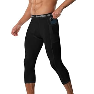 NuCamper 3/4 Men’s Compression Pants wiht Pocket, Running Leggings Sports Compression Tights Base Layer Quick Dry Trousers for Basketball Gym Athletic Workout Football