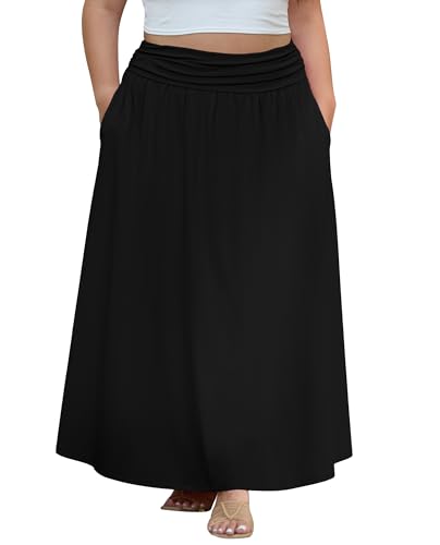 OLRIK Plus Size Maxi Skirt with Pockets 2025 Summer Elastic High Waisted A-Line Flowy Long Skirts2