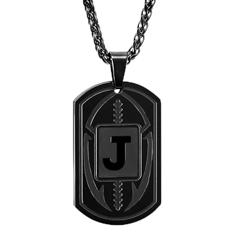 Fervia Football Initial Necklacefor Men Boys Kids Teen Dog Tag Stainless Steel Black Letter Pendant Sport Football Athletes Jewelry Gifts for Men Boyfriend (J)