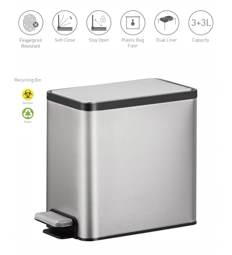 Image of Obsessions EKO Stainless Steel Step Trash Can - 3+3 Litre Dual Compartment Dustbin with Pedal & Removable Liners, Metallic for Kitchen & Bathroom