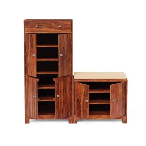 Image of Wooden Shoe Rack with Seat | Shoe Cabinet with Seating Closed Door for Home | Sheesham Wood with Drawer Storage Organiser | Honey Finish | 53x14x52 Inch