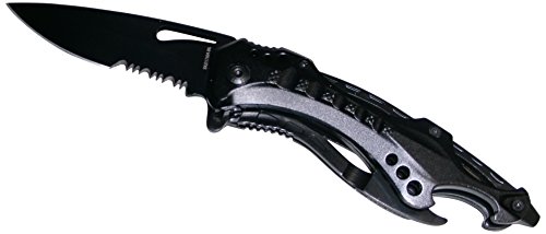 Rogue River Tactical Black Police Style Rescue Folding Pocket Knife Multi Function Assisted Opening Half-Serrated Blade, 4-1/2-Inch Closed Glass Breaker Bottle Opene rBelt Clip