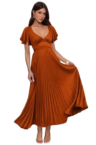 Bridesmaid Dresses for Women Satin Tea Length Pleated V Neck Short Sleeves Formal Wedding Gues Dress Midi Gown