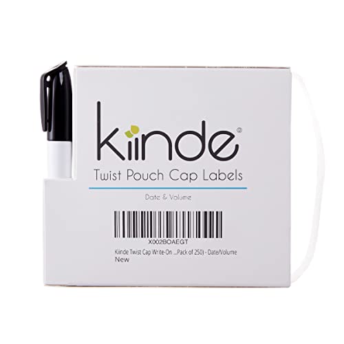 Image of Kiinde Twist Cap Single-Use Write-On Labels for Breast Milk and Baby Food Storage Pouches (Pack of 250) - Includes Label Dispenser with Marker and Marker Holder - Date/Volume