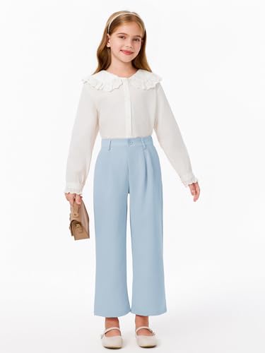 Image of Haloumoning Girls Uniform Pants Kids High Waisted Wide Leg Dress Pants Casual Trousers with Pockets 5-14 Years