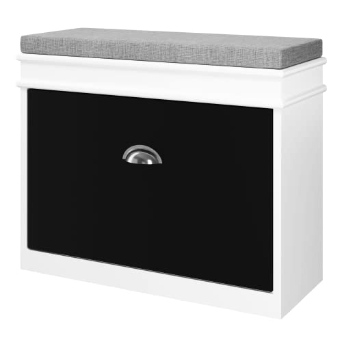 Organize Meuble Banc de Rangement a Chaussure - Coffre avec Coussin Confortable pour Entree - Assise Grise - Abattant Gris