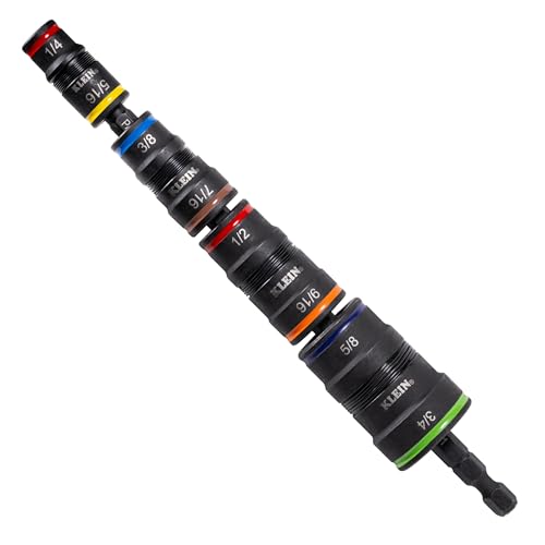 Klein Tools 32934 Impact Driver 9-in-1 SAE Impact Socket Set 4 Flip Sockets with 1/4 5/16 3/8 7/16 1/2 9/16 5/8 and 3/4-Inch Nut Driver Sizes with Bit Holder 6-1/2-Inch Shaft