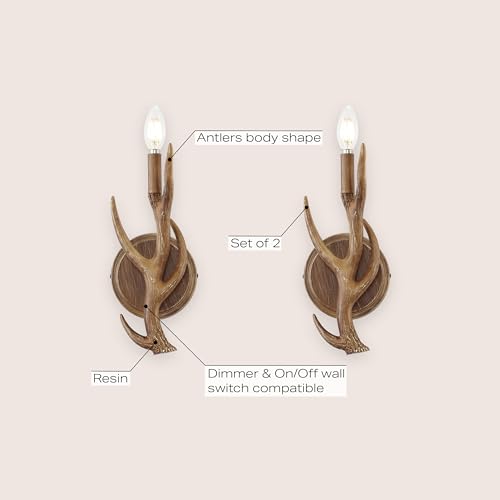 Image of JONATHAN Y 5.5 inch Brown 1-Light Wood Finish Faux Antler LED Vanity Light Set of 2, Rustic Wall Sconces for Bathroom Mirror Hallway, Southwestern Farmhouse Decor, LED Bulbs Included JYL6307A-SET2
