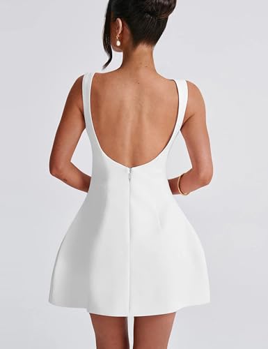 Image of YMDUCH Women's Sexy Sleeveless Crew Neck Backless A-line Party Short Mini Dress