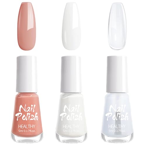 French Manicure Kit - 3Pcs Pink White Nail Varnish Set with Top Coat - Quick Dry & Long Lasting French Nail Polish kit - Breathable Clear Pink Gel Nail Polish Set for Women Nail Art Home