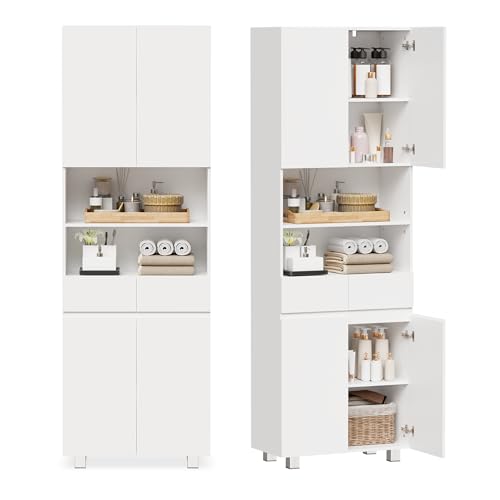 ANWBROAD Armario Alto de Baño,Mueble Columna de Baño con Estantes Ajustables,2 Cajón,Kit Antivuelco,Mueble Auxiliar de Almacenaje,para Cocina,Salón,30x60x180 cm,Blanco SBC012W