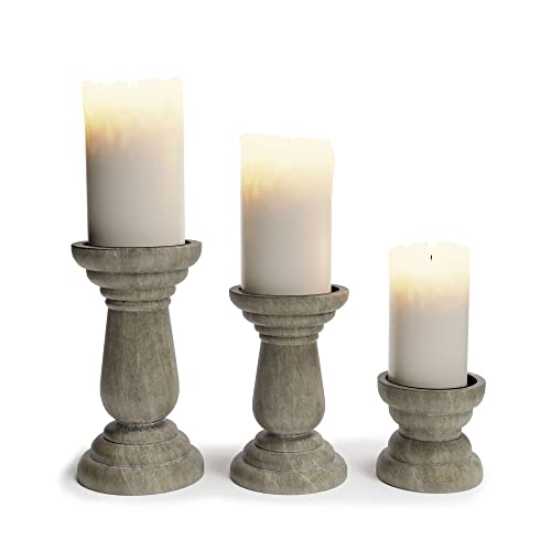 Barnyard Designs Pillar Candle Holder for Pillar Candles, Small Wooden Candlestick Holders, Farmhouse Candle Holders for Table Centerpiece, Rustic Candle Holder Set of 3, (4″, 6″, 8″), Grey