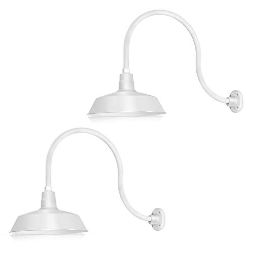 Image of 14in. White Outdoor Gooseneck Barn Light Fixture With 24in. Long Extension Arm - Wall Sconce Farmhouse, Antique Style - UL Listed - 9W 900lm A19 LED Bulb (5000K Cool White) - 2-Pack