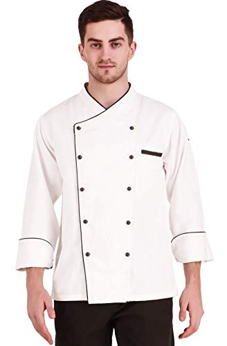 Image of KODENIPR CLUB Traditional White Chef Coat Black Piping Contrast, Detachable Button Poly /Cotton, Size (L-40)