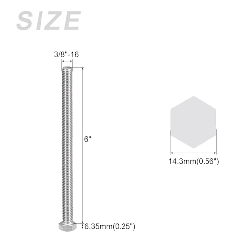 Image of METALLIXITY Hex Head Bolts (3 /8-16 x 6) 5Pcs, 304 Stainless Steel 18-8, Fully Threaded, External Hex Drive, Plain Finish, Hex Head Screw Bolt, Silver