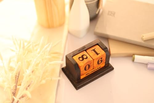 Image of Handmade Wooden Perpetual Desk Calendar | Vintage Wooden Table Calendar for Home & Office Decor (CALENDER 2)
