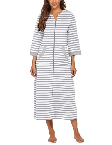 Image of Ekouaer Women Zipper Robe 3 /4 Sleeves Loungewear Dress Full Length Sleepwear Pockets Housecoat Nightgown Long Bathrobe