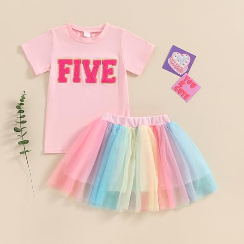 Image of Toddler Girl Birthday Outfit 2 /3 /4 /5 /6 Print Short Sleeve Shirt 2nd /3rd /4th /5th /6th Tutu Skirt Summer Clothes
