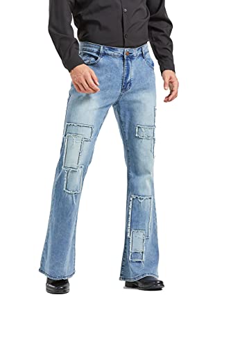 Men's Vintage Flared Leg Denim Jeans Classic Patchwork Bell Bottom Denim Pants Fashion Stretchy Low Rise Distressed Wide Leg Jeans With Pockets,Blue,Tag L(Fits Like Us M) #TOP3