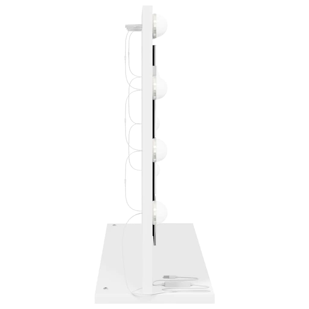 Espejo de tocador blanco de cristal y madera chapeada 60 x 45 x 18 cm, espejo de maquillaje LED con luz blanca cálida, alimentado por USB, para dormitorio, baño, pasillo y armario