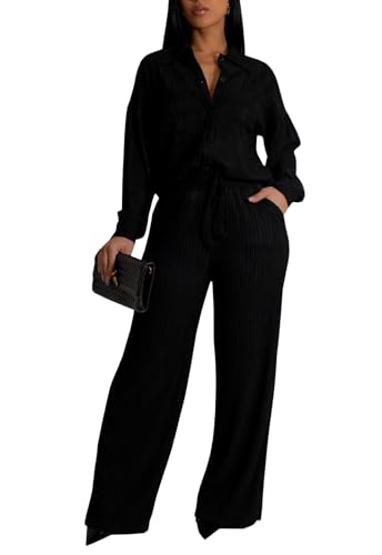TodTan Two Piece Sets for Women Long Sleeve Button Down Shirt Wide Leg Pants Casual Vacation Outfits Loungewear Tracksuit
