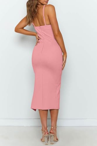 Image of OWIN Women's Adjustable Spaghetti Straps Sleeveless High Waist Split Midi Bodycon Cocktail Party Dress